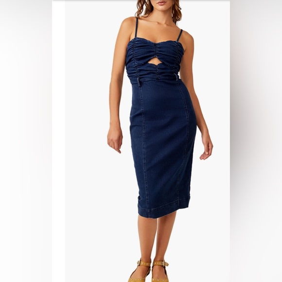 Free People Serenity Ruched Denim Midi Dress - Picture 1 of 10